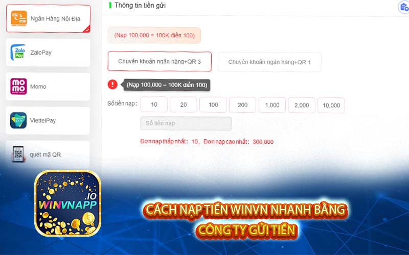 Cách nạp tiền Winvn nhanh bằng
 công ty gửi tiền